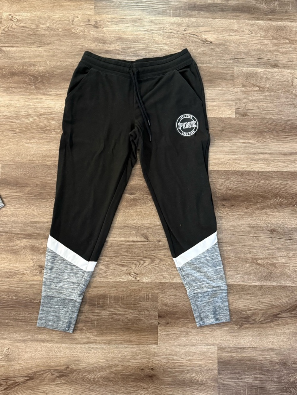 PINK Victoria's Secret Black Colorblock Joggers with Gray Heather & White Trim